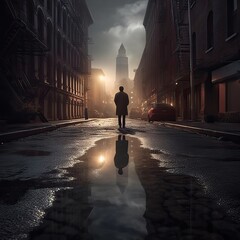 Man walking on the street at night in the city, generative ai
