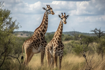 Safari giraffe standing in African savanna with trees