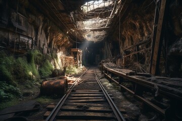 Fototapeta na wymiar Subterranean corridor of abandoned gold mine. Generative AI