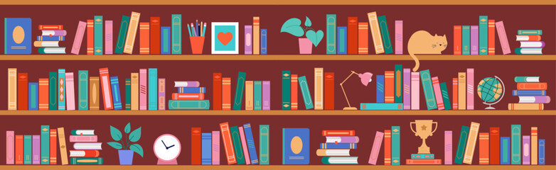 Bookshelf concept illustration. A lot of books on the shelf, clock, cat, plant and globe © Marina Zlochin