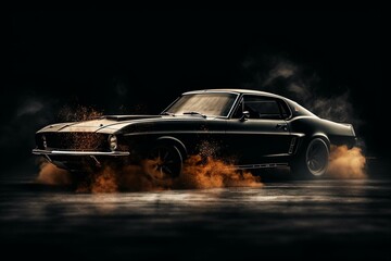Digital illustration of a car doing a drifting burnout with smoke on a black background. Generative AI