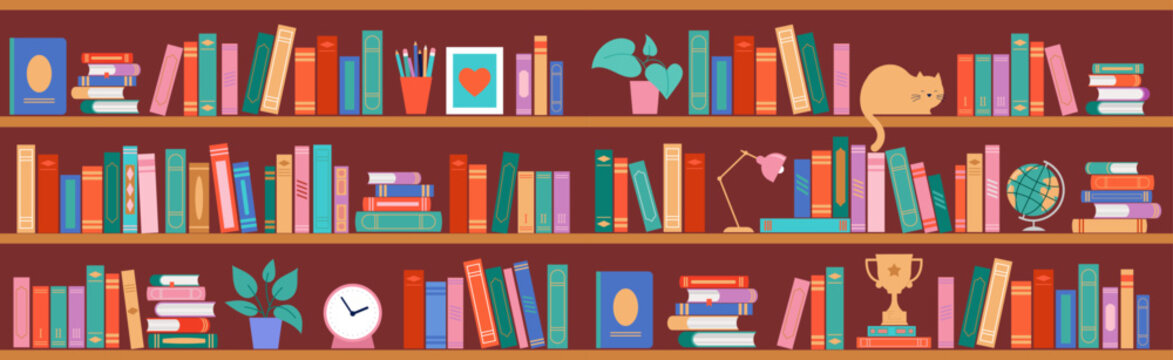 Bookshelf concept illustration. A lot of books on the shelf, clock, cat, plant and globe