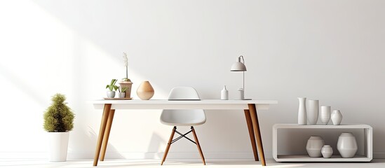 Workspace at home office. White table minimal mockup.