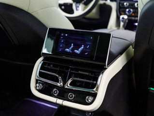 The rear seats of the luxury car in real wood and leather and the multimedia screen
