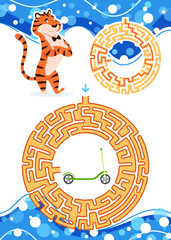 Maze game for kids with solution. Let's help happy tiger to find way to kick scooter. Animal character puzzle learning book page design template. Vertical colorful round labyrinth vector illustration.
