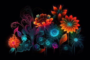 neon glowing flowers in colors on a black background. Bright abstract background perfect for any design. Generative AI