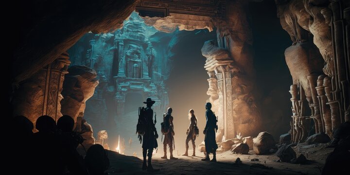 Close up movie still of a group of explorers finding ancient abandoned temple inside a huge cavern. Generative AI AIG16.