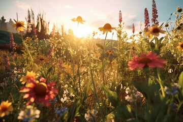 Wild flower field, golden hour. AI generative