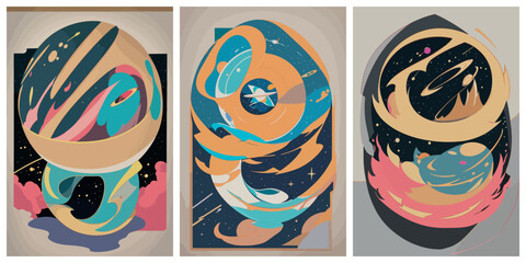 Set of colorful Modern banner with geometric shapes and outer space. Retro futuristic poster. Abstract vector geometric illustration. Future concept. Creative graphic design in a retro style.