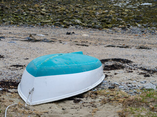 Over turned skiff sits on the shore of Rockland Harbor  Maine surrounded by seaweed at low tide