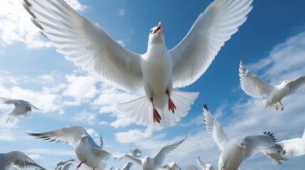 Obraz premium seagulls fly against the blue sky with clouds. Sea birds gracefully fly in the air. Generative AI