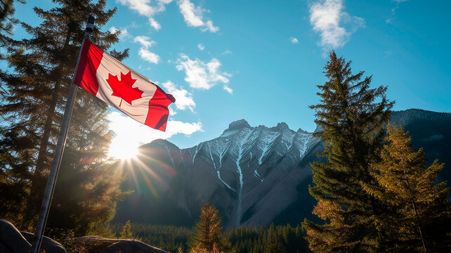 Flag of Canada in a mountainous landscape with trees. Generative AI