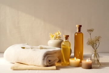 Obraz na płótnie Canvas beauty treatment items for spa procedures, towel, burning candle and essential oils. copy space. Generative AI