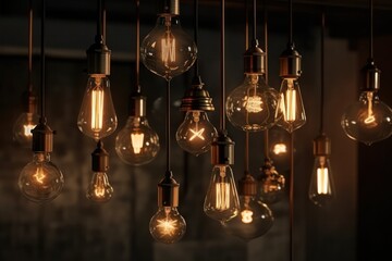 Obraz premium Decorative vintage Edison style incandescent light bulbs on a dark background in a loft style interior. Generative AI