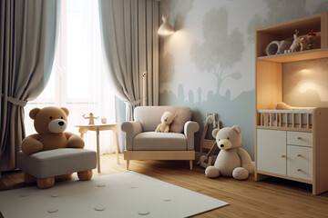 table with a plush toy bear in the baby room, creative ai