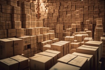 Stacks of cardboard boxes for trade, retail and transportation. Keywords: production, distribution, import, export, freight, logistics, warehousing, goods, products, business. Generative AI