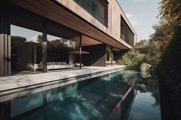 Sleek, high-end residence with pool formed by... Generative AI