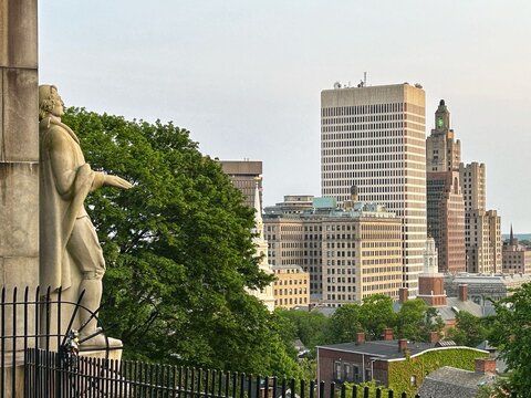 Prospect Terrace Park Skyline in the College Hill Neighborhood, City of Providence, Rhode Island, RI, USA Founder Roger Williams Memorial Statue Downtown historic architecture Sunset Superman Building
