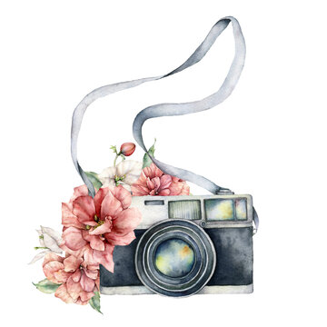 Watercolor summer composition of camera and flowers. Hand drawn camera and peonies isolated on white background. Illustration for design, logo, prints or background.