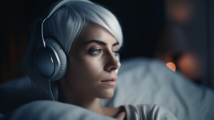 young woman in headphones listens to music . Generative AI