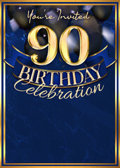 90th Birthday Party Invitation Template Blue Gold Design