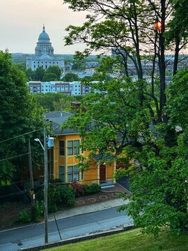 Prospect Terrace Park Skyline in the College Hill Neighborhood, Capital City of Providence, Rhode Island, RI USA, State House, New England Historic House Historic Architecture Condos  Sunset