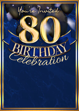 80th Birthday Party Invitation Template Blue Gold Design