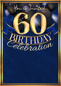 60th Birthday Party Invitation Template Blue Gold Design