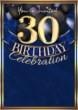 30th Birthday Party Invitation Template Blue Gold Design