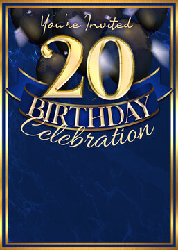 20th Birthday Party Invitation Template Blue Gold Design