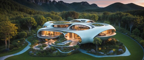 Landscape of a sci-fi futuristic architecture style village in nature, at dusk,  surrounded by lush deciduous vegetation - Generative AI Illustration