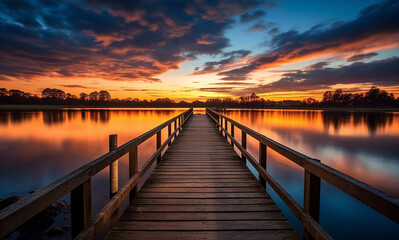 Naklejka na ściany i meble a dock on a lake during sunset, ai generative