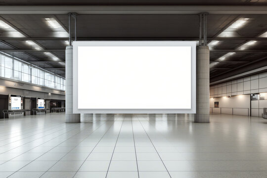 An empty blank billboard advertising poster in an airport terminal. Generative ai