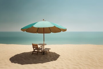 Fototapeta premium wooden sea table and umbrella on a sandy beach Generative AI