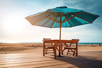 beautiful wooden table and umbrella on beach Generative AI