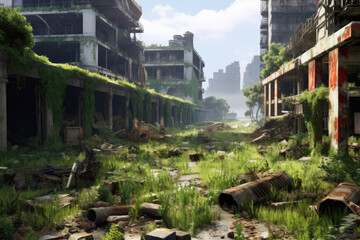Fototapeta na wymiar a post-apocalyptic wasteland with crumbling buildings and overgrown vegetation - Generative AI