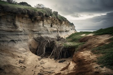 Fototapeta na wymiar Soil erosion, coastal cliff with visible signs of erosion, exposed roots of trees and sections of land crumbling away. Ecology. AI Generative