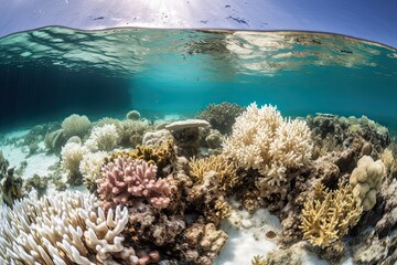 Fototapeta na wymiar Global warming problem. The impact of rising ocean temperatures, coral bleaching, vibrant and healthy coral juxtaposed with bleached and pale coral. AI Generative