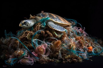 Plastic Ocean Waste Pollution - Sea Turtle Caught In Fishing Net - Save Sea Turtles, Our Seas and Protect Marine Life - Generative AI

