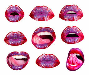 Set of female lips on white isolated background, clipping path. Collection of mouth with red lip.