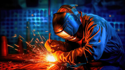 The welder is dressed in appropriate protective equipment for welding, performs the process of welding metal, producing numerous sparks. Generative AI - obrazy, fototapety, plakaty
