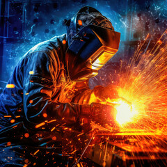The welder is dressed in appropriate protective equipment for welding, performs the process of welding metal, producing numerous sparks. Generative AI