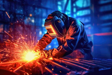 Fotobehang The welder is dressed in appropriate protective equipment for welding, performs the process of welding metal, producing numerous sparks. Generative AI © keks20034