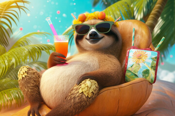 A sloth sunbathing on a hammock sipping on a frozen margarita - Generative AI