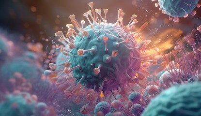 Obraz premium Macro coronavirus(covid-19) cell delta plus variant.BA.5,BA.2.75,BA.4(omicron covid).COVID 19 Delta plus variant Sars ncov 2.Mutated coronavirus SARS-CoV-2 flu disease pandemic Generative AI