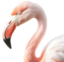 Close up portrait of a pink flamingo isolated on a white background as transparent PNG, generative AI animal