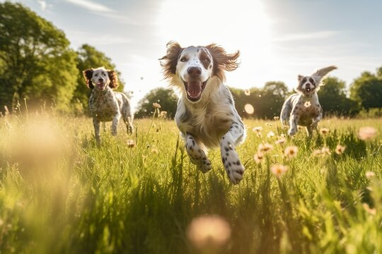 Happy Dogs running on field