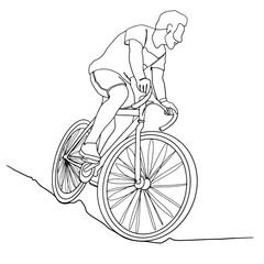 Fototapeta premium A Male Cyclist Riding a Bike on the Road vector outline illustration. Men on a bicycle linear drawing. 