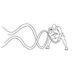 Men with battle rope battle ropes exercise outline vector illustration. Linear drawing of CrossFit concept. 