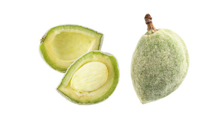 Shelled unripe fluffy green almond  with fresh kernel and whole fruit isolated on white background. Season harvest.